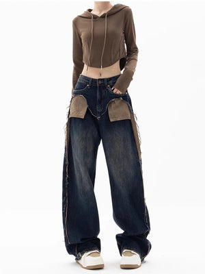VILZSTUDIOS High Waist Patchwork Wide Leg Jeans