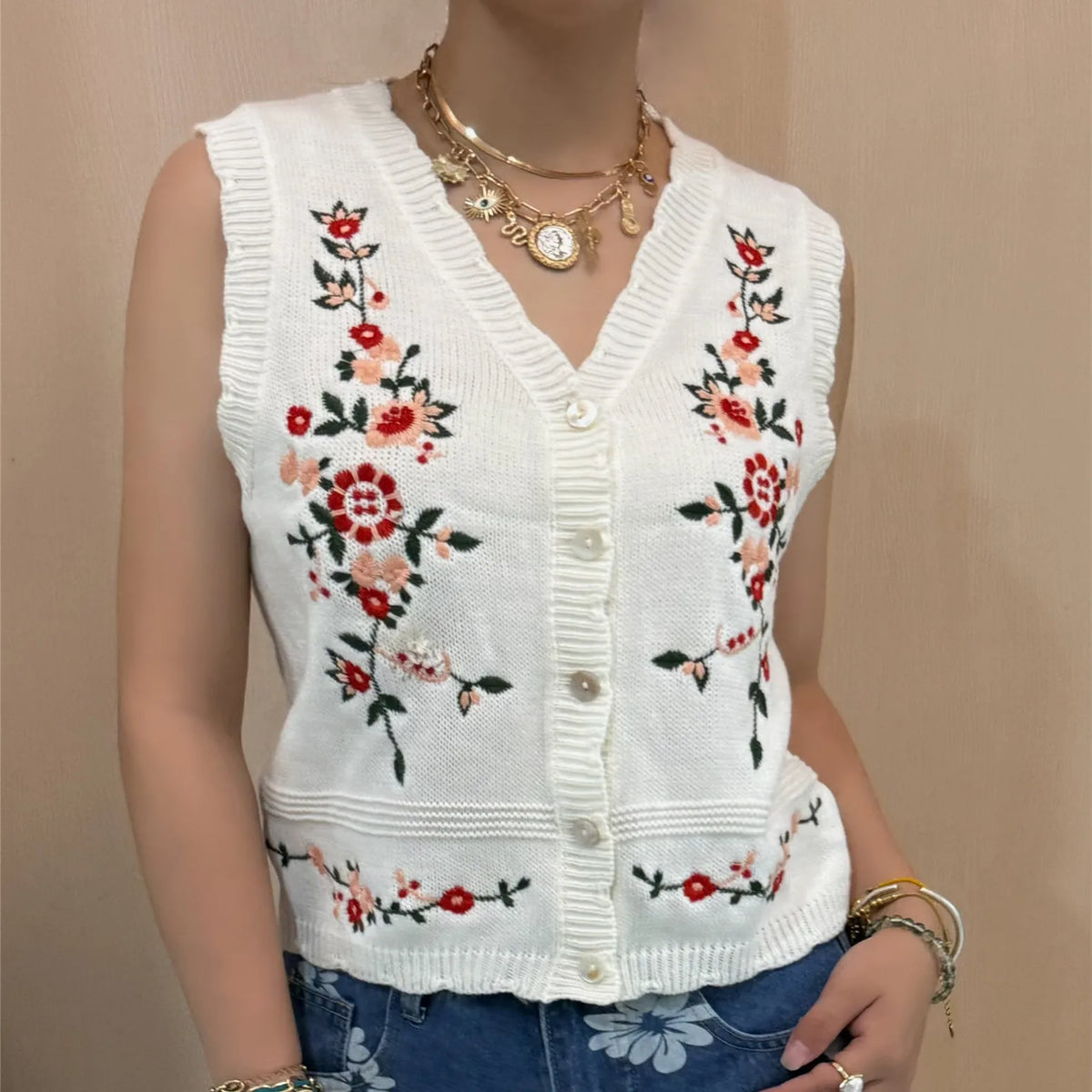 VILZSTUDIOS Cozy Knit Floral Embroidered V-Neck Vest