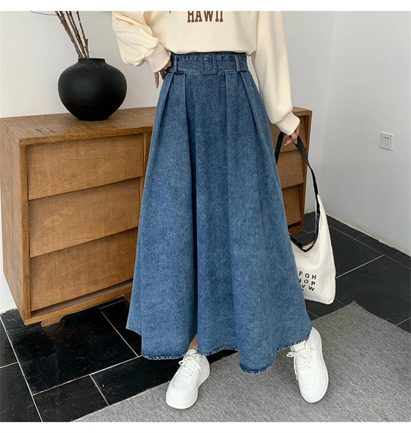 VILZSTUDIOS Vintage Blue Pleated A-Line Denim Skirt
