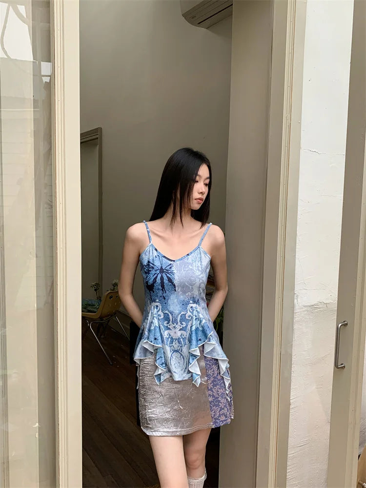 VILZSTUDIOS Blue Ruffles V-Neck Tank Top With Grey Mini Skirt