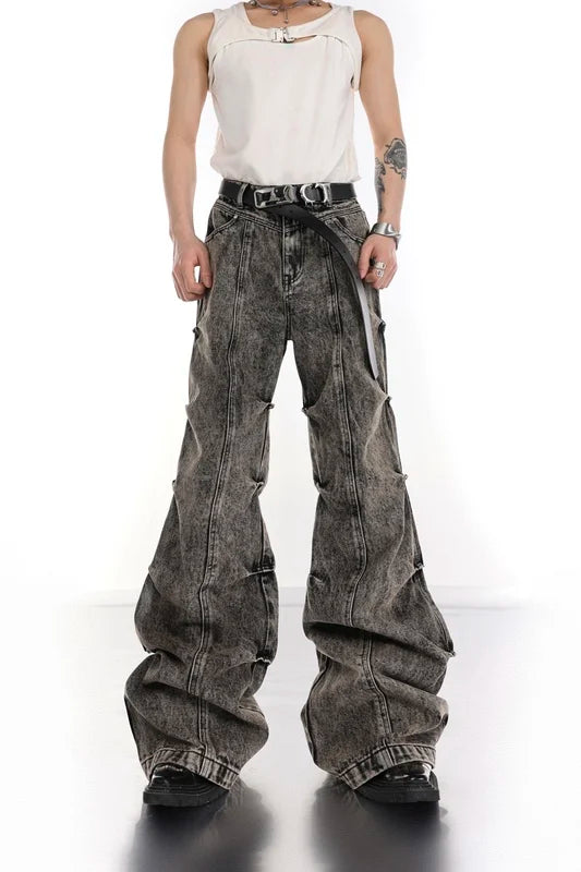 VILZSTUDIOS High Waisted Pleated Distressed Washed Jeans