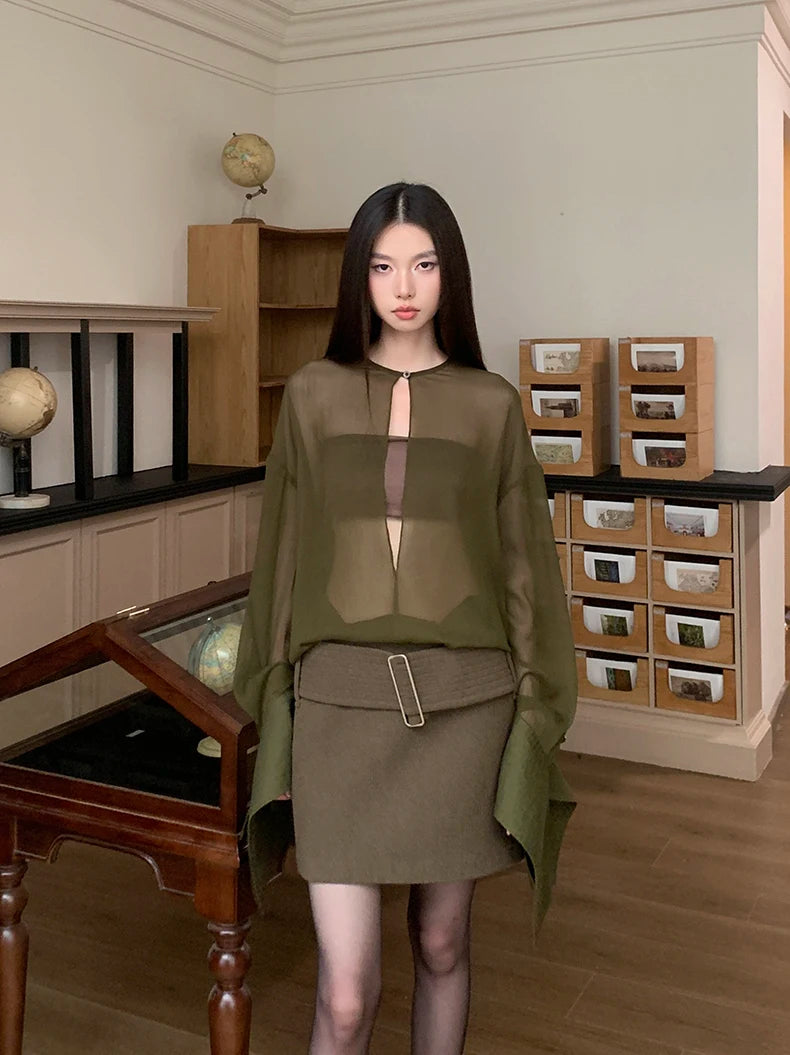 VILZSTUDIOS Elegant Green Sheer Blouse & Mini Skirt