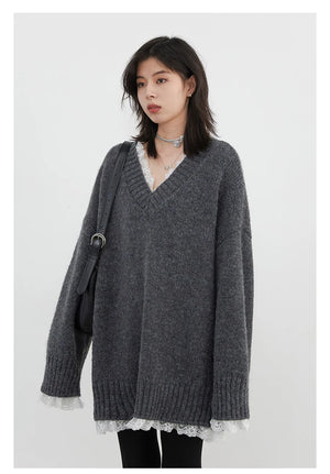 VILZSTUDIOS Casual Loose V-Neck Knit Sweater