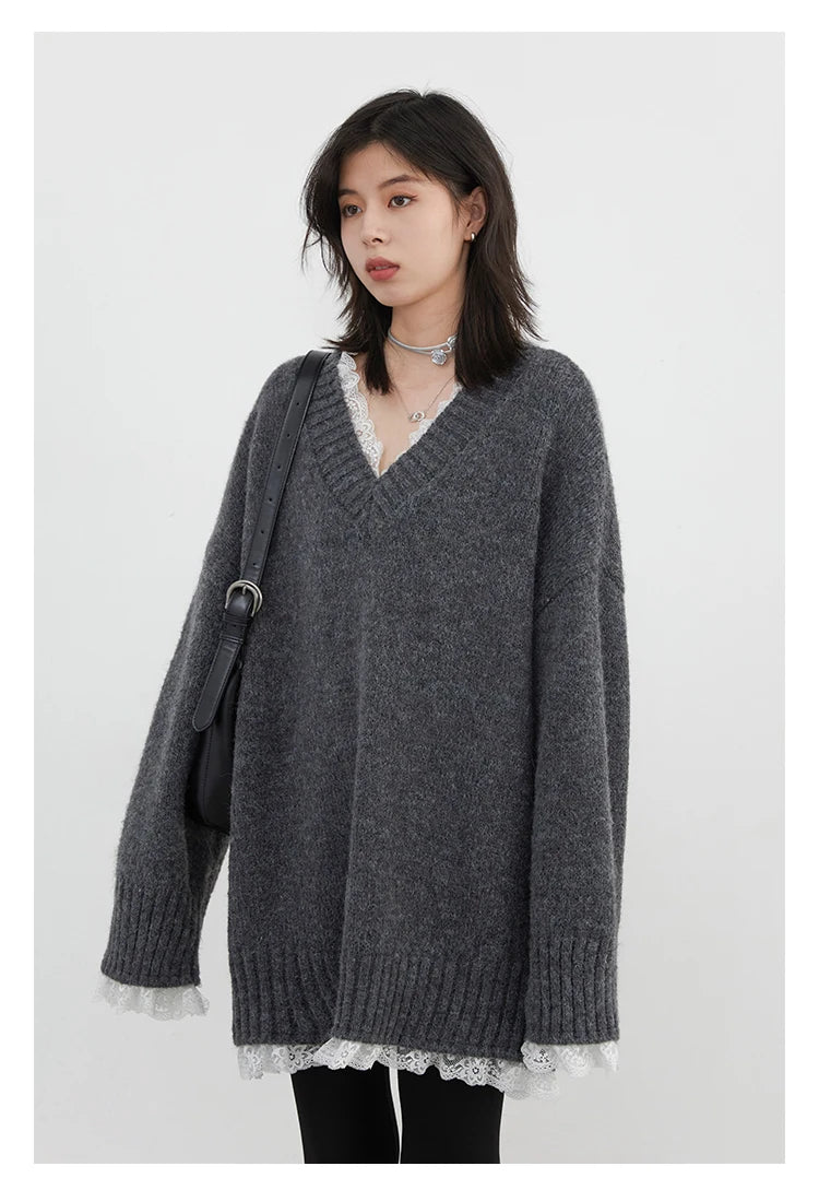 VILZSTUDIOS Casual Loose V-Neck Knit Sweater