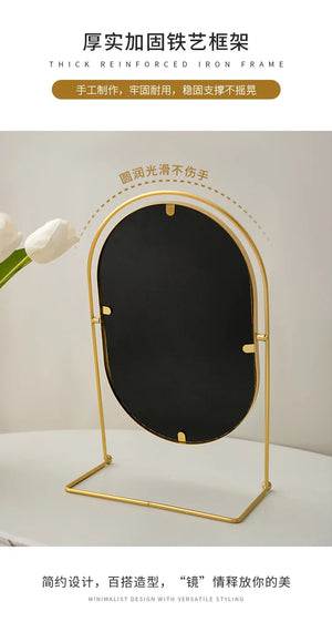 VILZSTUDIOS 360°Rotate Oval Makeup Mirror Nordic Brass Gold Metal Retro Dressing Desktop Bedroom Square Round Dormitory Makeup Mirror