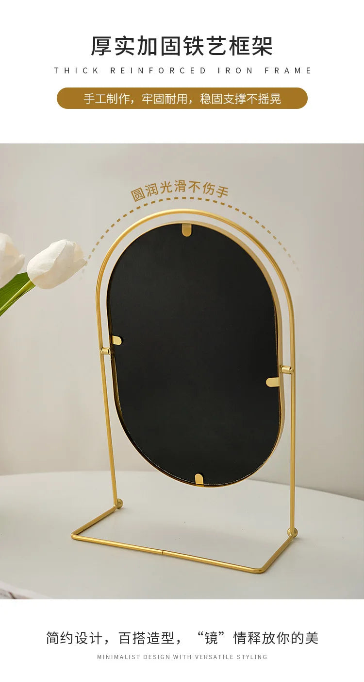 VILZSTUDIOS 360°Rotate Oval Makeup Mirror Nordic Brass Gold Metal Retro Dressing Desktop Bedroom Square Round Dormitory Makeup Mirror