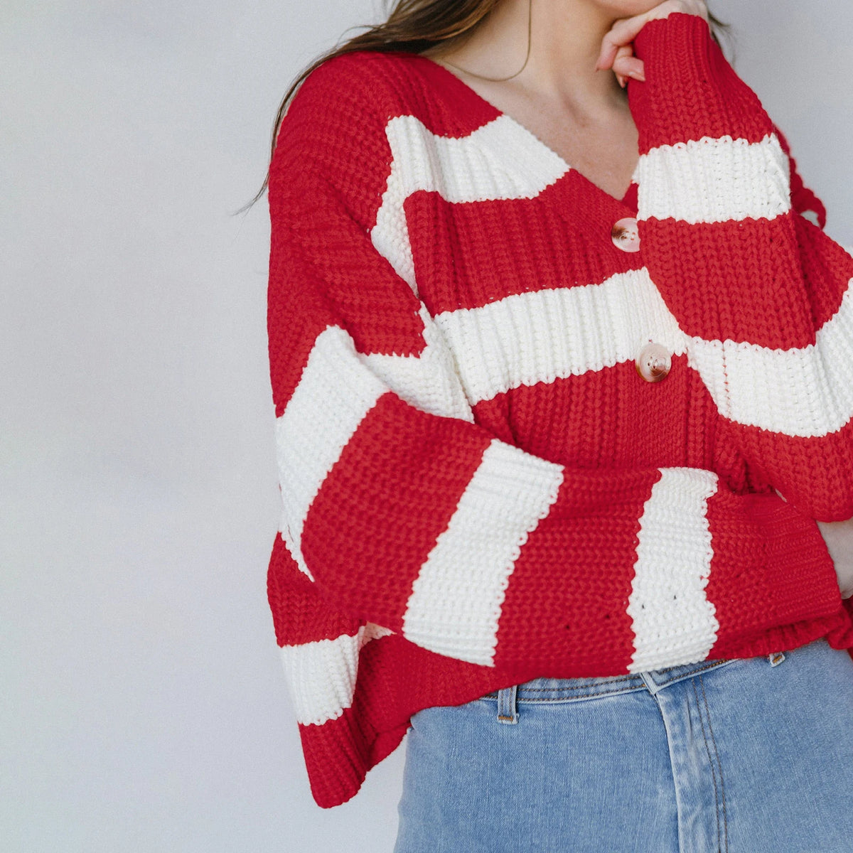 VILZSTUDIOS Cozy Striped V-Neck Cropped Cardigan