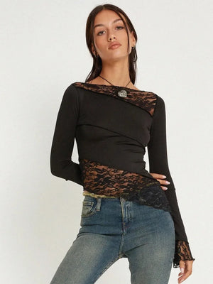 VILZSTUDIOS White Lace Patchwork Long Sleeve T-Shirt
