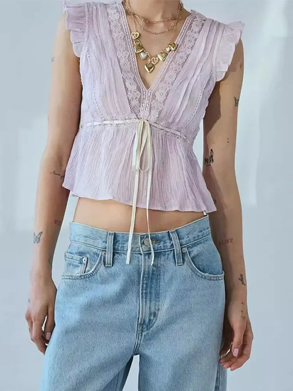Ruffled Lace-Up V-Neck Crop Top