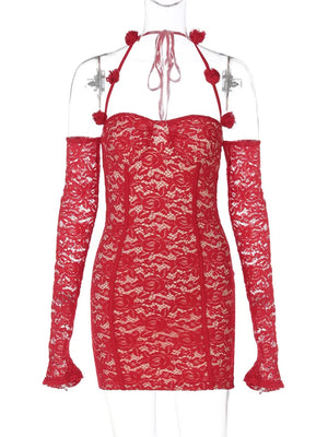 VILZSTUDIOS Red Lace Off Shoulder Sexy Dress