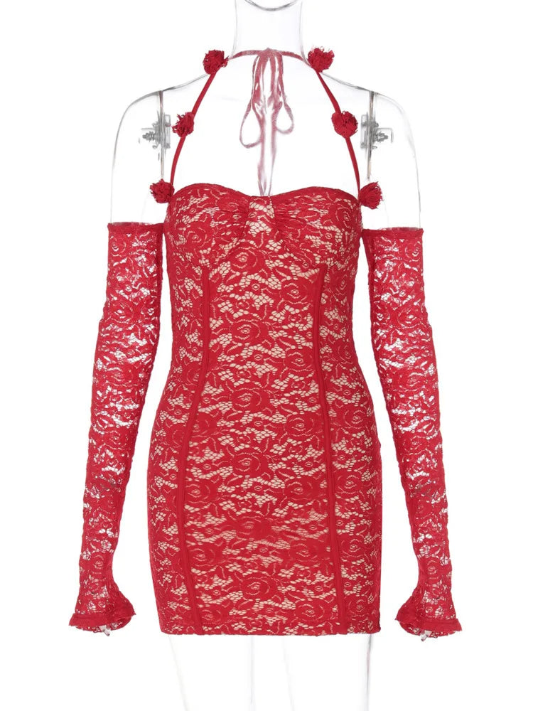 VILZSTUDIOS Red Lace Off Shoulder Sexy Dress