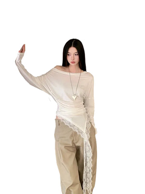 VILZSTUDIOS Off-Shoulder Lace Ruched Asymmetrical Top