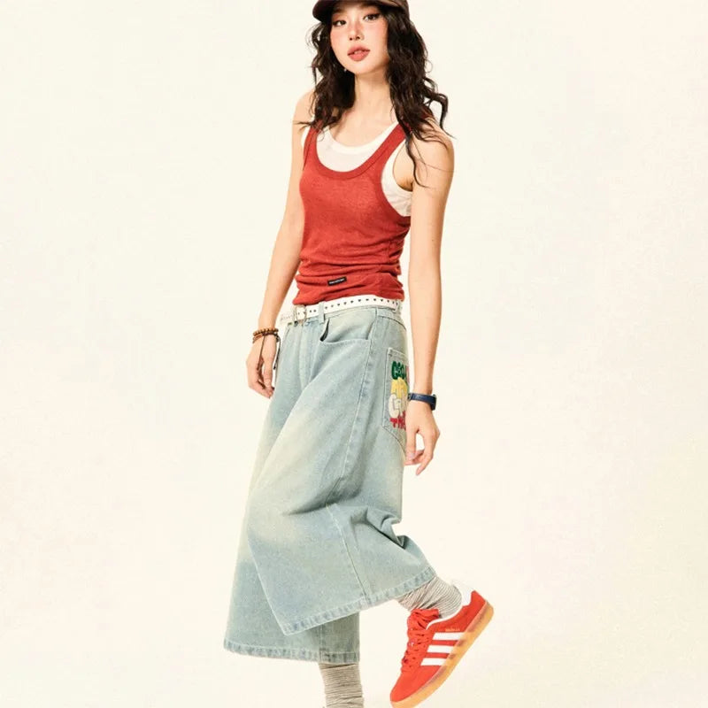 VILZSTUDIOS Vintage Letter Print Denim Shorts Pants