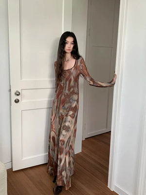 VILZSTUDIOS Brown Abstract Print Long Sleeve Dress