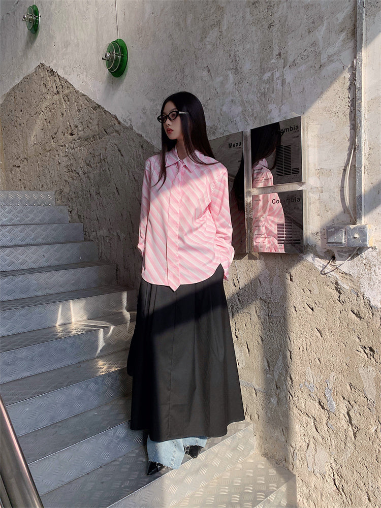 VILZSTUDIOS Pink Striped Button Up Shirt With Tie