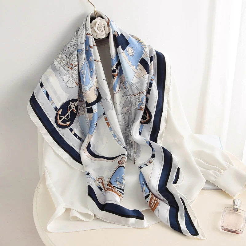 VILZSTUDIOS 90*90cm Women Square Silk Scarf Luxury Brand Large Shawl Neckerchief Print Headband Female Foulard Bandana Wraps Hijab Scarves