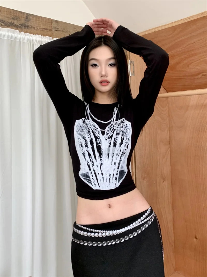 VILZSTUDIOS Black Pearl Print Long Sleeve Cropped Top