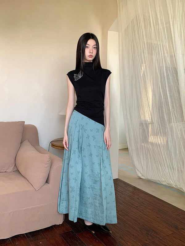 Black Vintage Turtleneck Butterfly Sleeveless T-Shirt