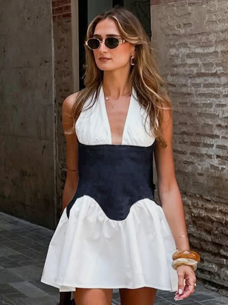 VILZSTUDIOS Contrast Color Sexy Patchwork Denim Dress
