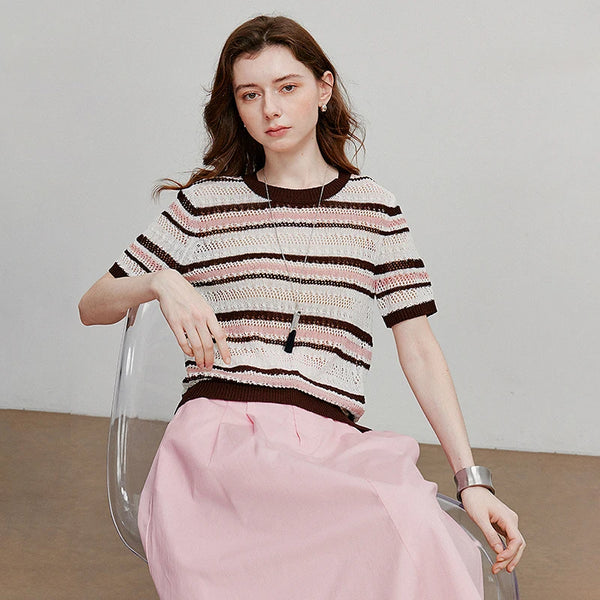 Striped Hollow Knit Pullover