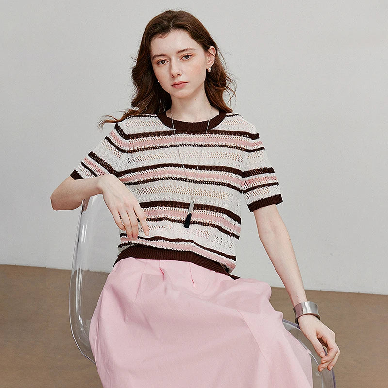 VILZSTUDIOS Striped Hollow Knit Pullover