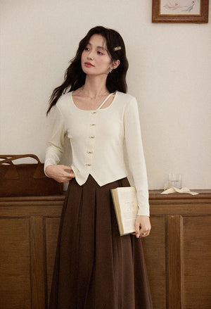 VILZSTUDIOS Apricot Elegant Metal Button Slit Cardigan