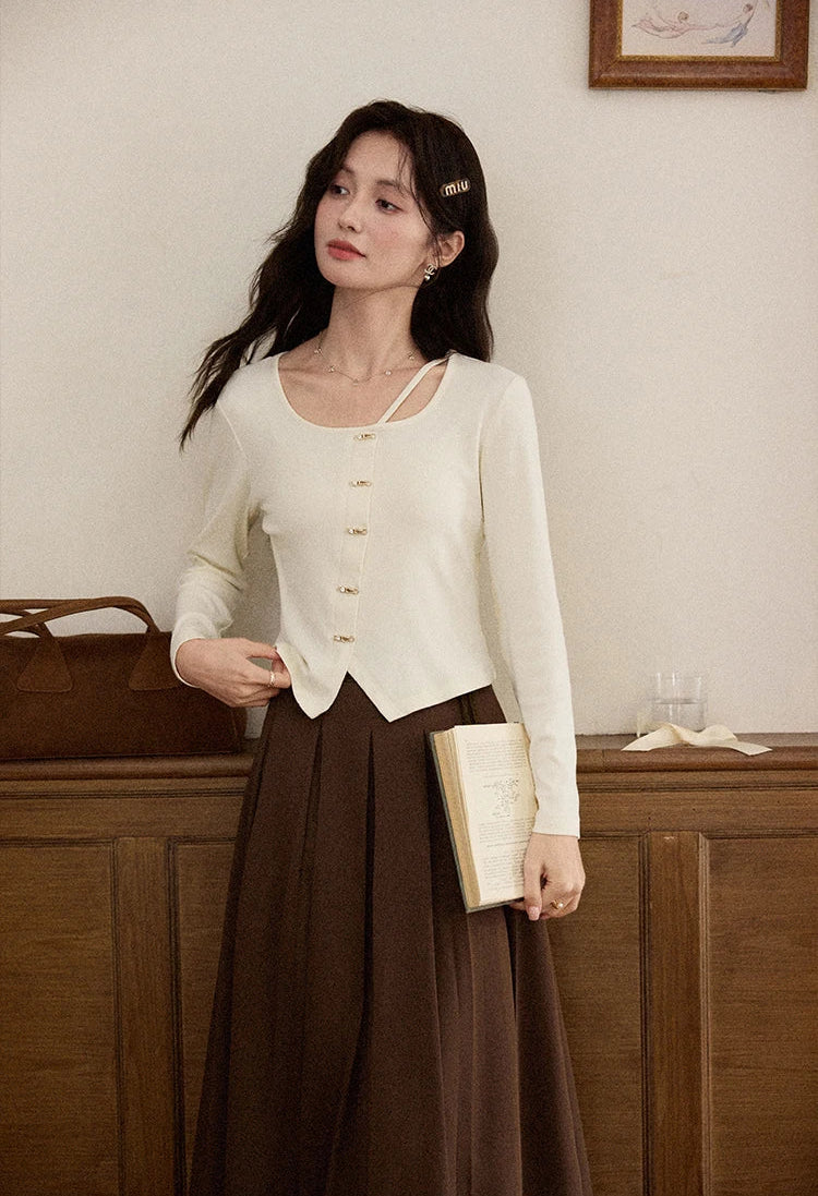 VILZSTUDIOS Apricot Elegant Metal Button Slit Cardigan