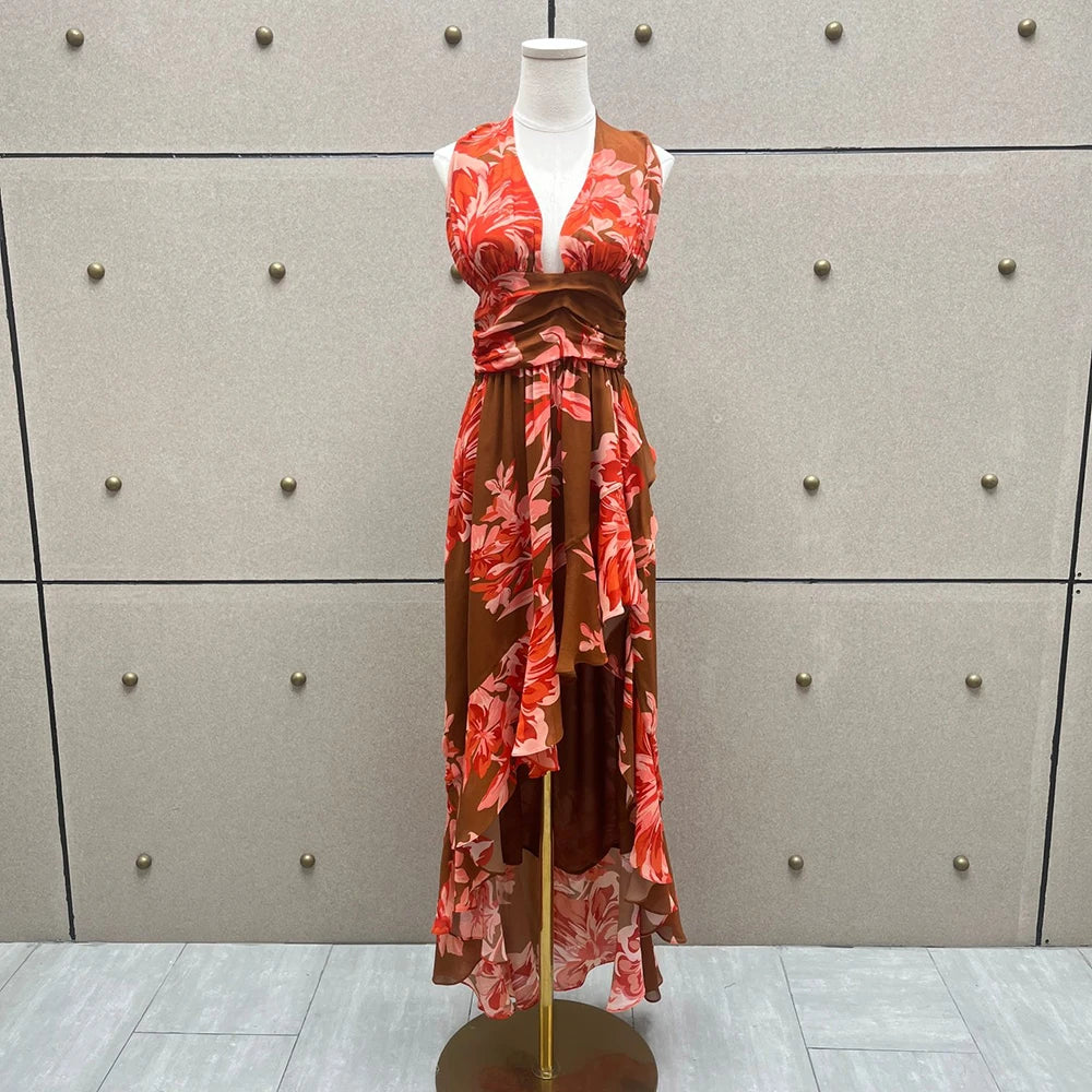 VILZSTUDIOS Floral Printed Backless Slim Fit Dress