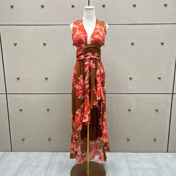 Floral Printed Backless Slim Fit Dress