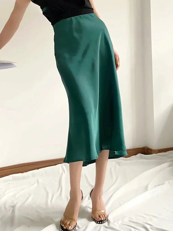 Elastic Waist Satin A-Line Skirt