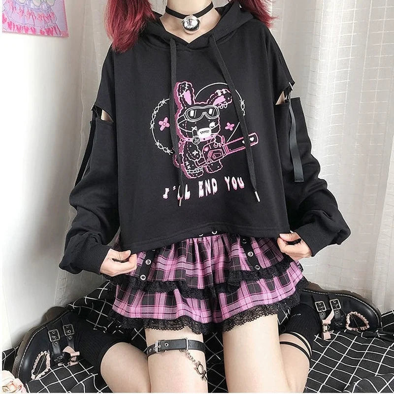 VILZSTUDIOS Punk Gothic Patchwork Hollow Out Hoodie & Mini Skirt