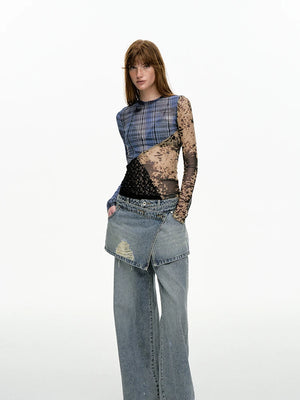 VILZSTUDIOS Stylish Plaid Mesh Patchwork Long Sleeve Top