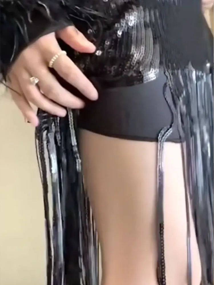 VILZSTUDIOS Sequin Tassel Bodycon High Waist Skirt