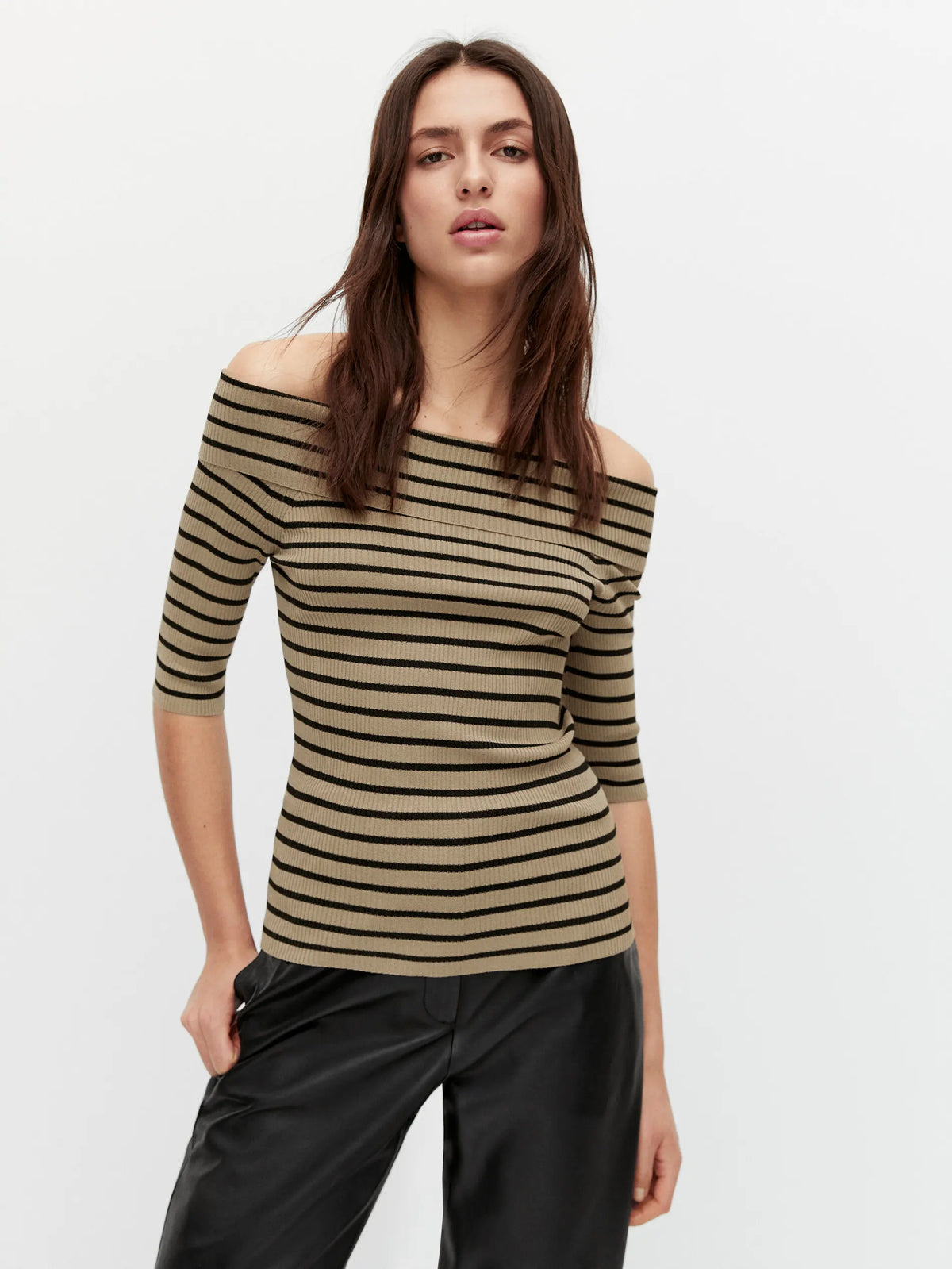 VILZSTUDIOS Off Shoulder Striped Knitted Sweater