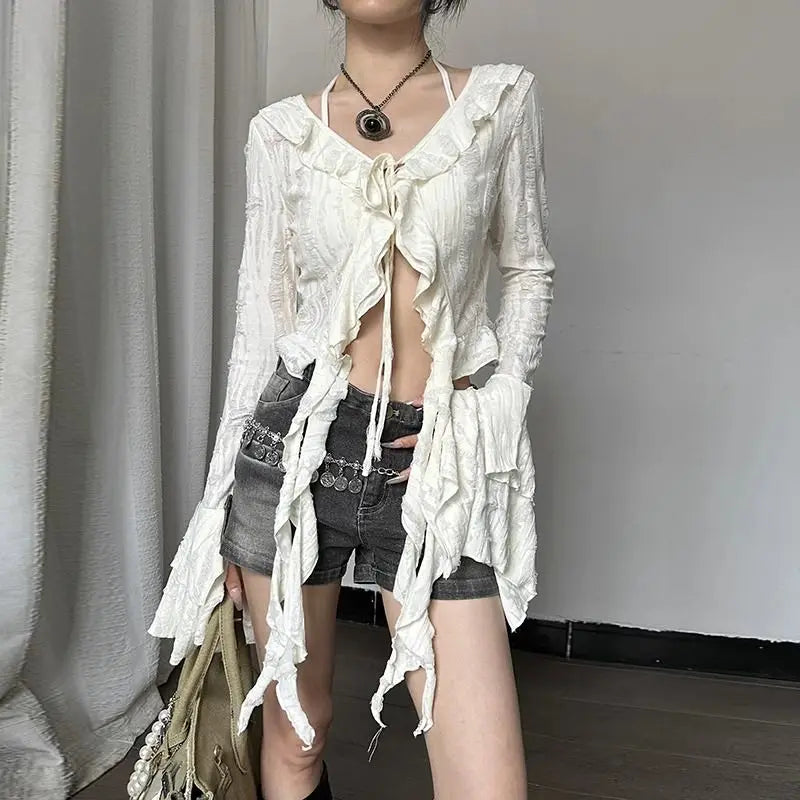 VILZSTUDIOS Fairycore Lace-Up Butterfly Sleeve Blouse