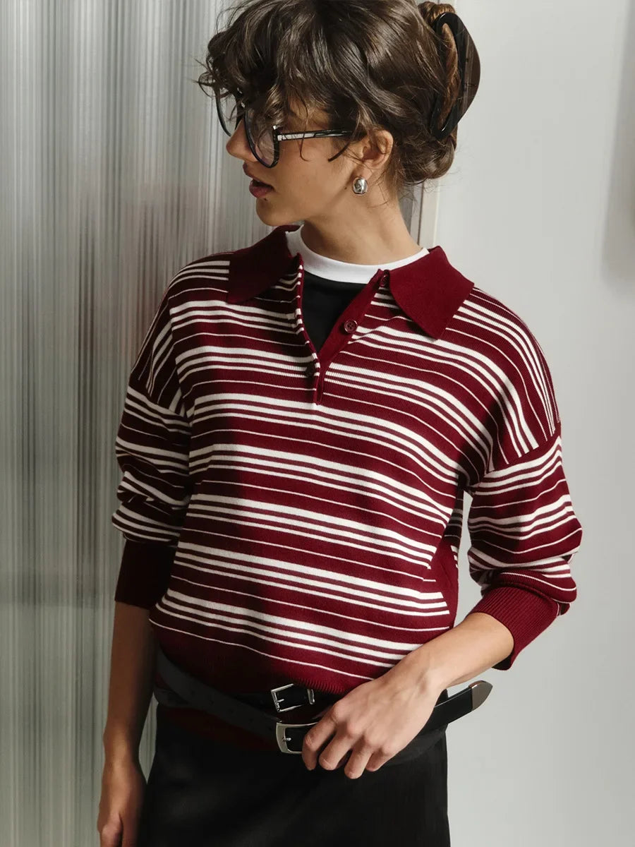 VILZSTUDIOS Retro Striped Knitted Polo Top
