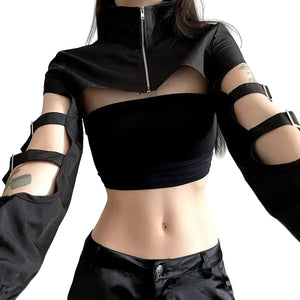 VILZSTUDIOS Cyberpunk Hollow Out Zipper Crop Top