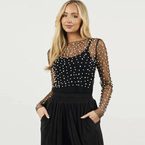 VILZSTUDIOS Stylish Pearl Mesh See-Through Long T-Shirt