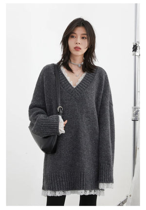VILZSTUDIOS Casual Loose V-Neck Knit Sweater