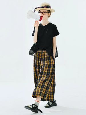 VILZSTUDIOS Yellow Black Checkered Elastic Waist Pants
