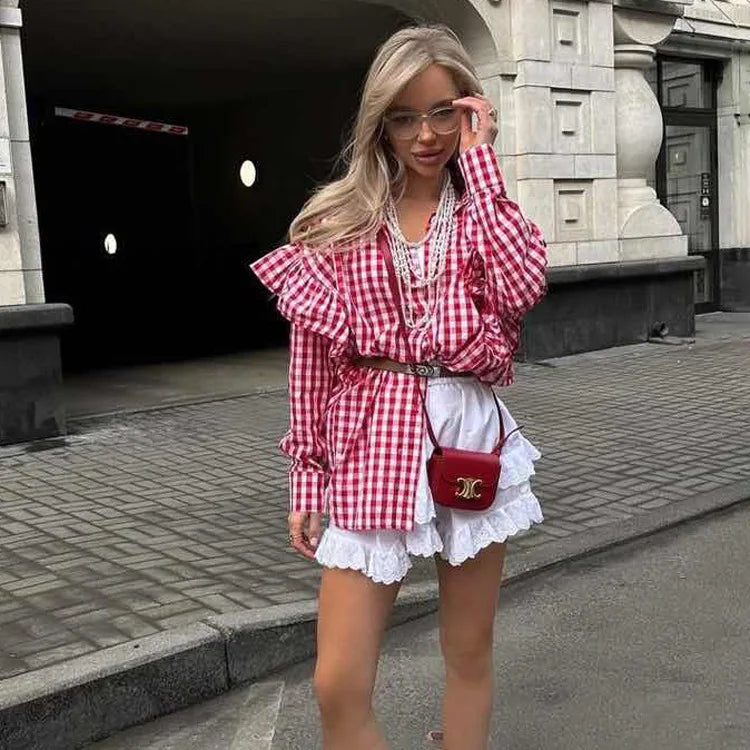 VILZSTUDIOS Plaid Print Ruffled Lapel Blouse