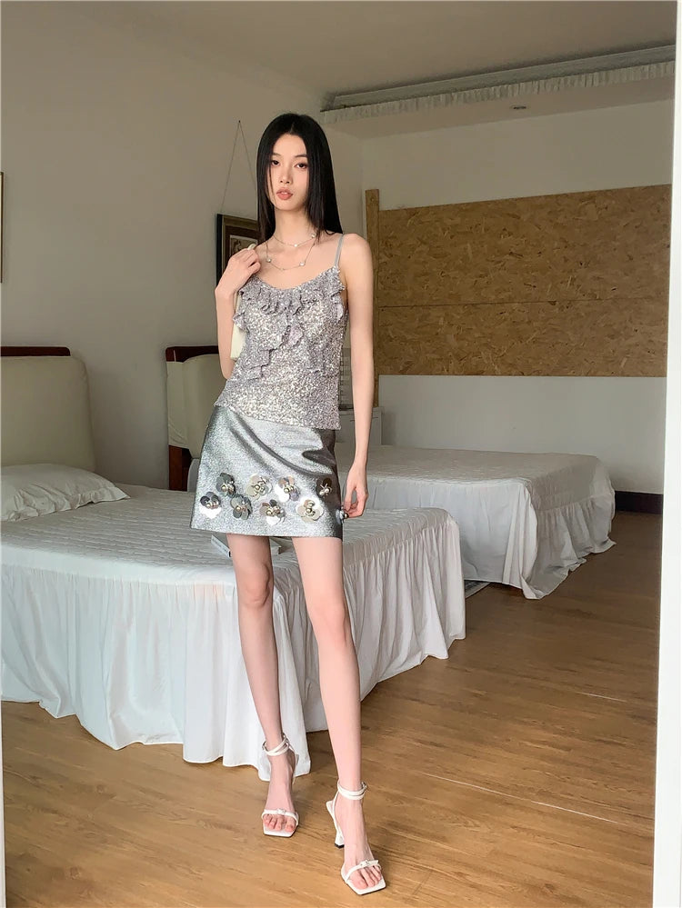 VILZSTUDIOS Silver Sequin Ruffles Tank Top