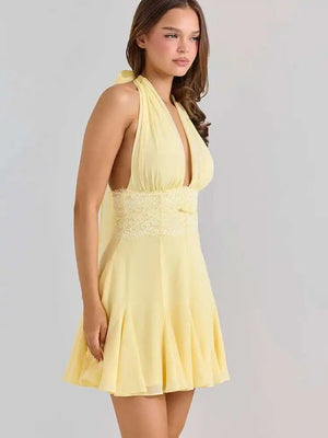VILZSTUDIOS Yellow Lace Halter Backless Mini Dress