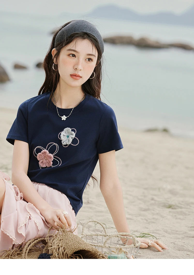 VILZSTUDIOS Floral Beaded T-Shirt