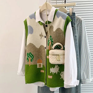 VILZSTUDIOS Oversized Jacquard Knit Sleeveless Cardigan