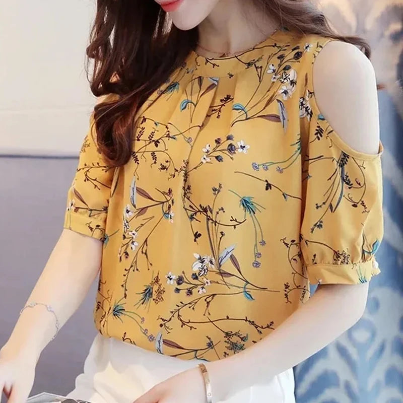 VILZSTUDIOS Stylish Printed Chiffon Off Shoulder Blouse