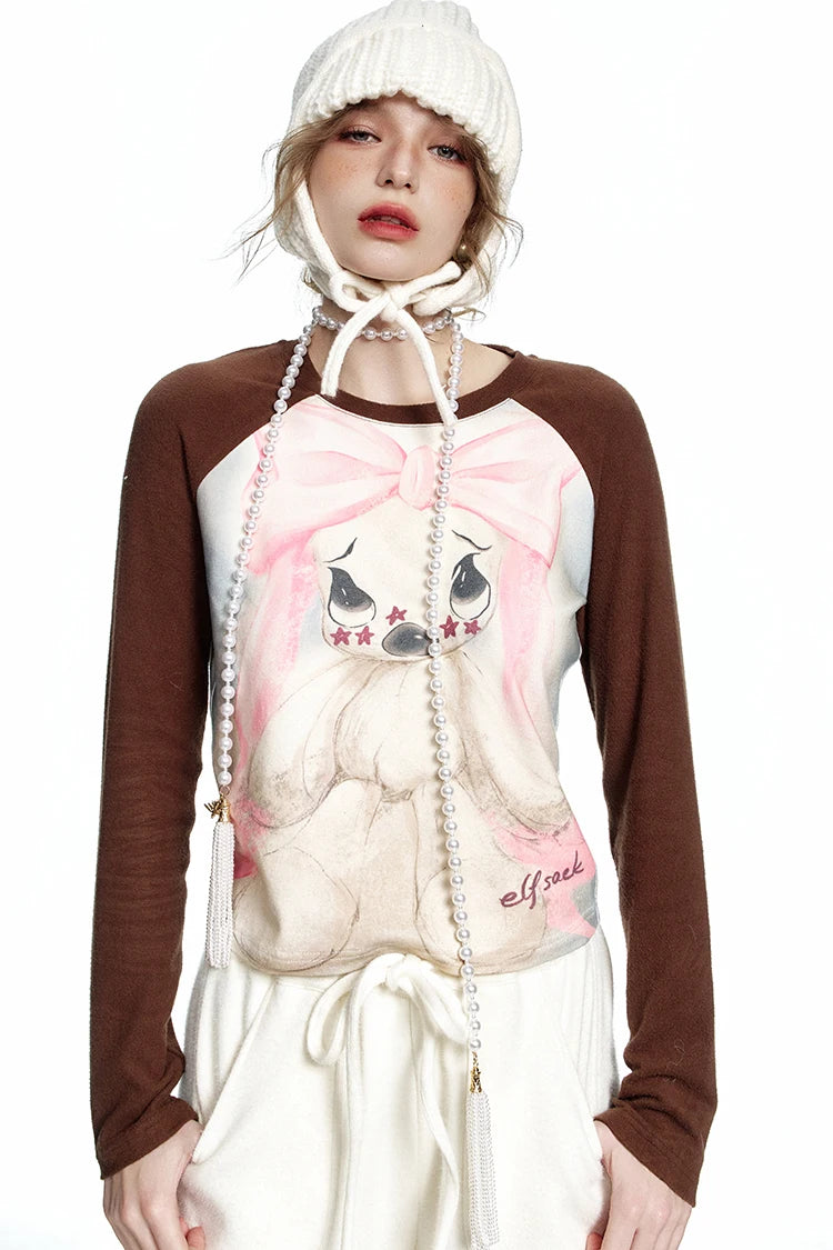 VILZSTUDIOS Cozy Rabbit Print Raglan T-Shirt