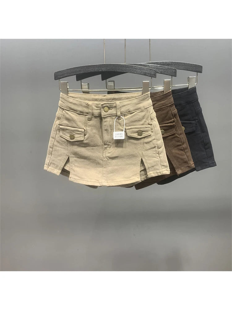 VILZSTUDIOS Vintage High Waist Khaki Denim Skirts