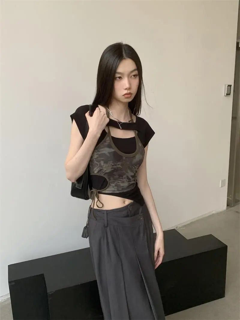 VILZSTUDIOS Camo Print Mesh Halter Top