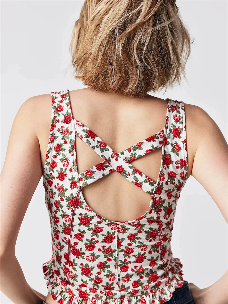 VILZSTUDIOS Floral Print Cut-Out Tank Top